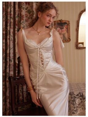 Satin Lace-Up Ivory Slip Dress LaceMade